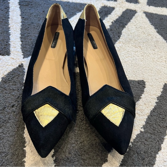 GUC Longchamp Black Gold Point Ballet Flats Leather and Calf Hair Authentic Shoe - Picture 3 of 9